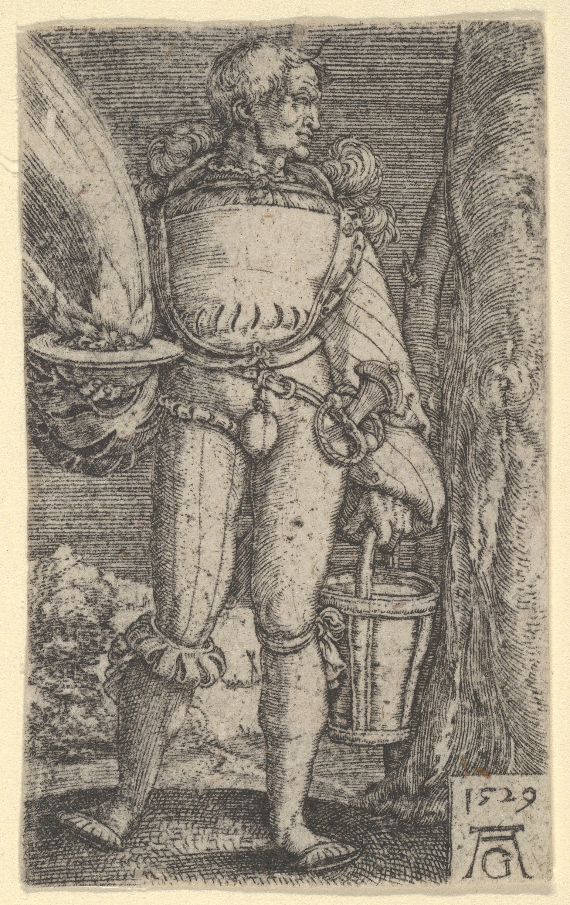 Source-page preview for Foot-Soldier with Fire-Pan and Bucket — Heinrich Aldegrever