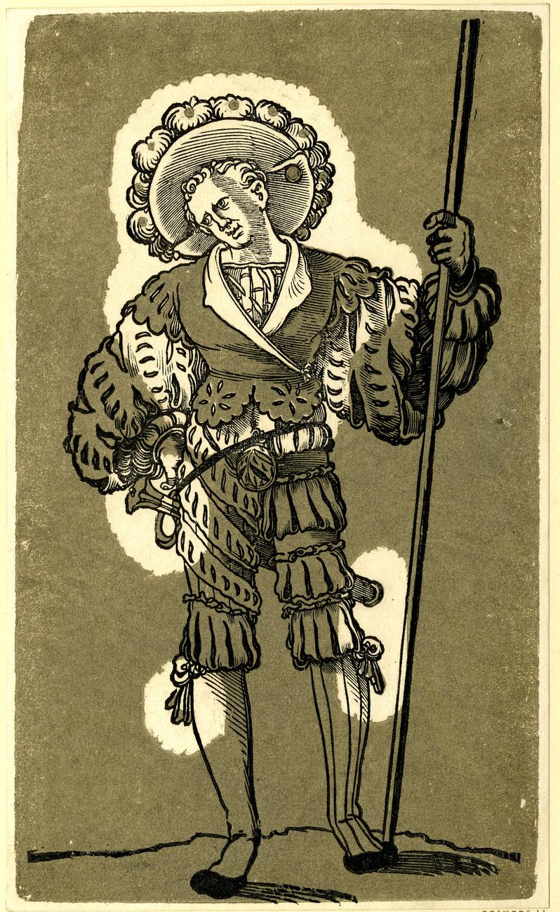 Source-page preview for Landsknechte: a Landsknecht holding a staff — later colour reprint