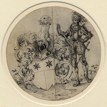 Officer in armour supporting a coat of arms