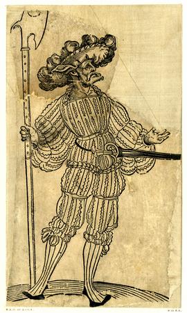 Landsknecht holding a halberd, looking right