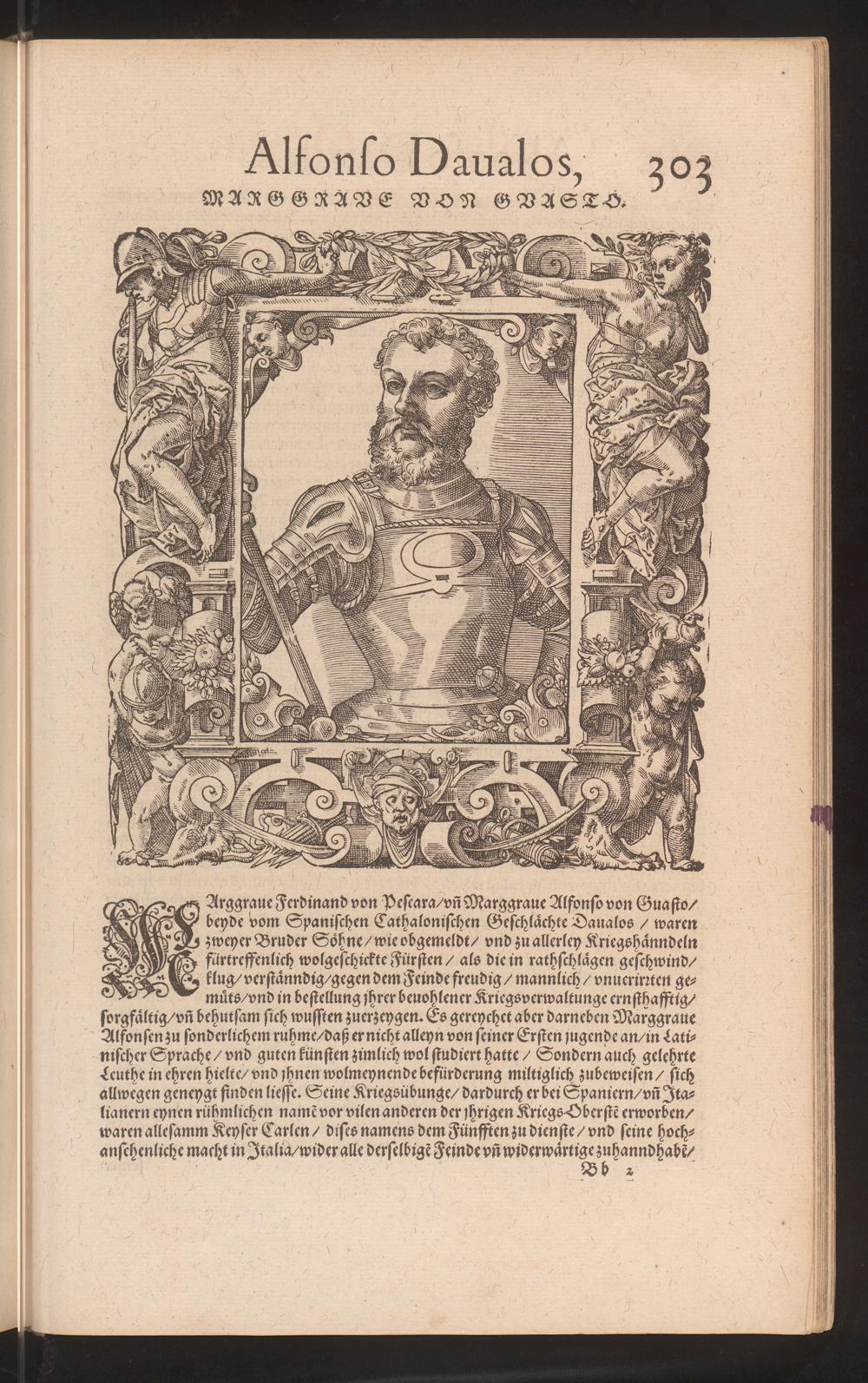 Alfonso Daualos, Marggrave von Guasto (named portrait page), Michael Beuther; printed by Peter Perna, 1582