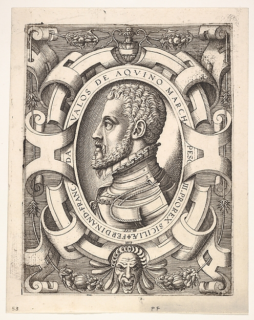 Bust portrait of Ferdinando Francesco de Avalos, marquis of Pescara, in an oval ornamented frame, Nicolò Nelli, 1568